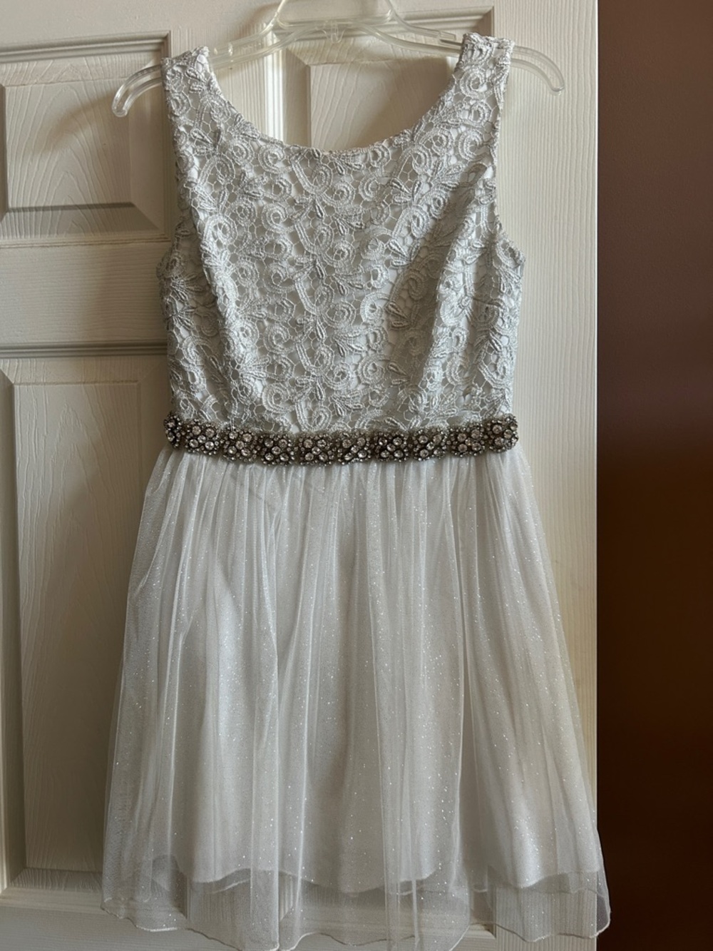 City Triangles White Lace & Tulle Dress with Jeweled Waistband